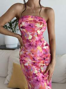 Firerie Spring Break Floral Print Draped Backless Tube Long Summer Dress - Multicolor - View 5