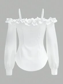 Firerie Elegantes weißes Langarmhemd mit dreidimensionalem Rüschendesign für Damen, schulterfrei, trägerlos. Blusen für Damen. Geeignet für die Schulanfangszeit, Konzertkleidung für Damen. Auch für den Herbst geeignet. - Weiss - Übersicht 7