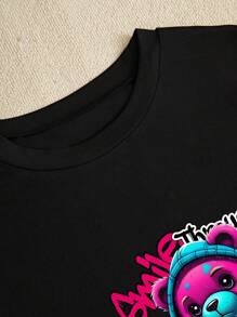 BamGleam Slim-Fit Women's Casual Short Sleeve T-Shirt, Teddy Bear Print, Colorful Drip Artistic Tee, Vibrant Graphic Unisex Abstract Design, Playful Bear Top Graphic Tees Women Tops - Black - View 5