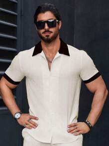 Manfinity Homme Men Contrast Trim Button Up  Short Sleeve Shirt - Beige - View 3