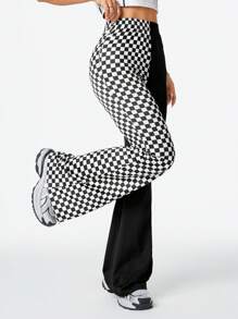 SHEIN EZwear Pantalones anchos de deporte para mujer con estilo callejero fresco, estampado de ajedrez y parches de color