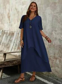 EMERY ROSE Vestido de verano sólido con escote en V para tallas grandes - Azul Marino - Ver 5