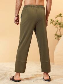 Manfinity RSRT Men's Solid Color Drawstring Waist Capri Loose Casual Pants With Side Pockets - Army Green - View 2