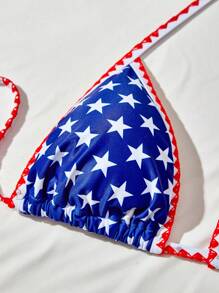 SHEIN Swim American USA Flag Print Halter Triangle Top & Stripe Print Brief Summer Beach Bikini Set, 4th Of July - Multicolor - View 3