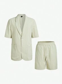 AKNOTIC Business Casual Easy Care 2pcs/Set Men's Old Money Style Woven Plaid Blazer Cloth Casual Slim-Fit Short Sleeve Suit - Light Grey - View 6