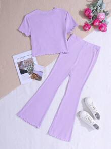 SHEIN Conjunto de top corto tejido morado y pantalones acampanados para adolescentes con texto acanalado, bordado de corazón y manga corta anudada para ropa informal y de moda callejera - Púrpura malva - Ver 2
