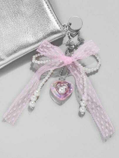 Kawaii 1 pieza Joyería de cuentas hecha a mano con varios elementos de estilo dulce y encantador de dopamina, que presenta perla, encaje rosa, cinta, malla transparente, mariposa, corazón, colgante de cristal, estrella y llavero, llavero para bolso, adecuado para mujeres y niñas, para uso diario y regalo de vacaciones