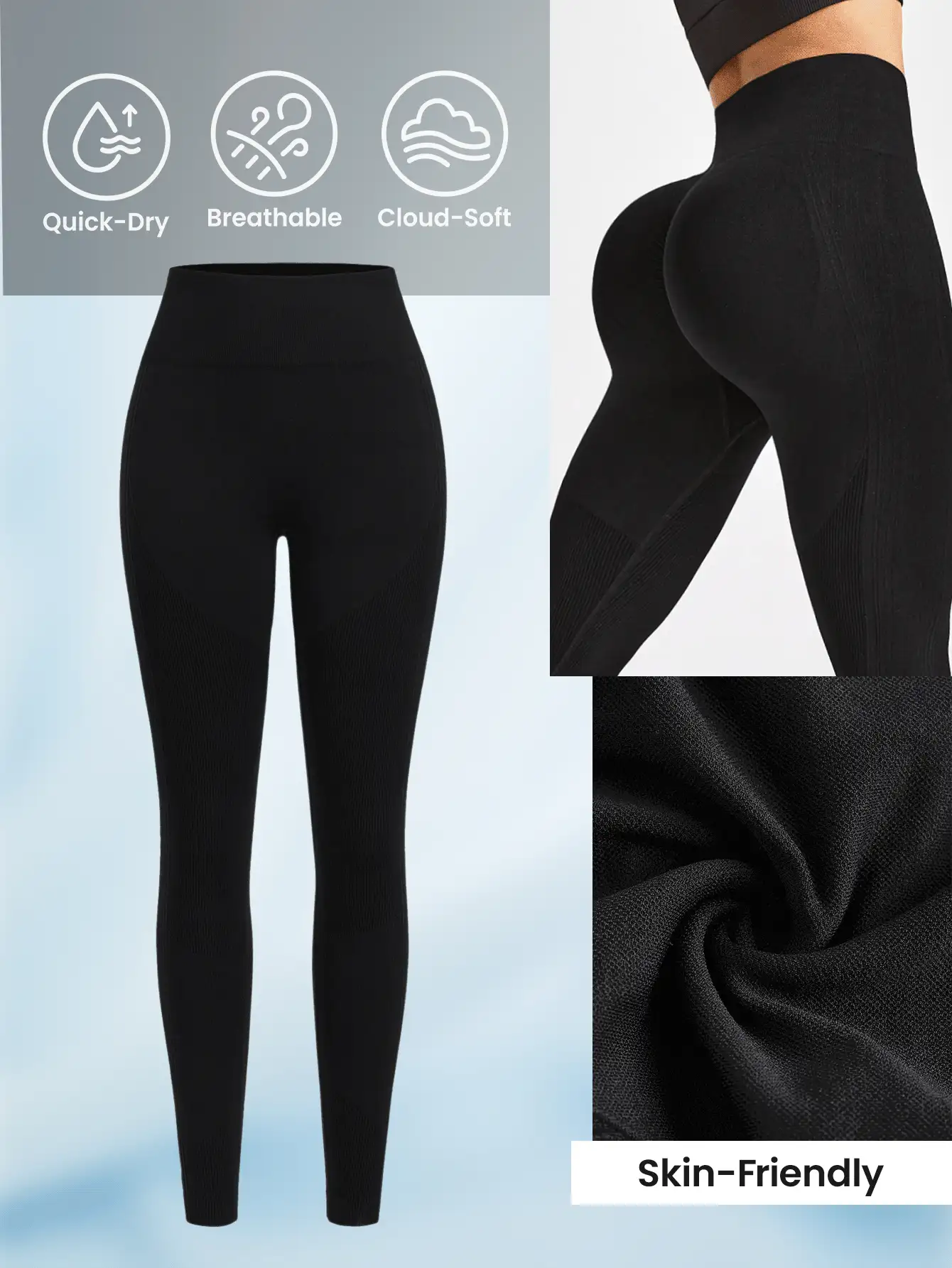 SHEIN Sports 女性純色簡約日常運動打底褲 - 黑色 - 查看 2