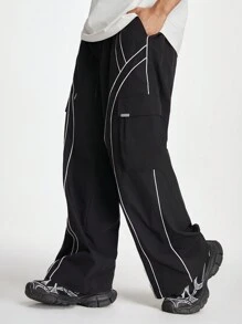 Manfinity RebelGame Men Contrast Piping Flap Pocket Side Drawstring Waist Cargo Pants - Black - View 4