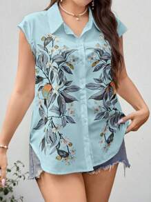 Calvaya Plus Floral Print Batwing Sleeve Shirt