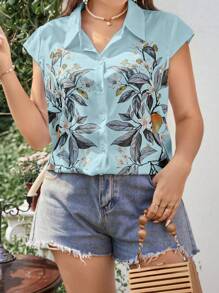 Calvaya Plus Floral Print Batwing Sleeve Shirt