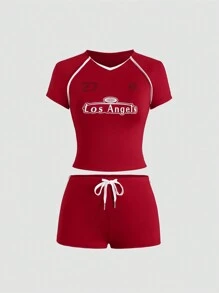 SHEIN Unity Bộ đồ hai mảnh in chữ thường ngày mùa hè và quần short cạp thấp - Đỏ - Xem 1