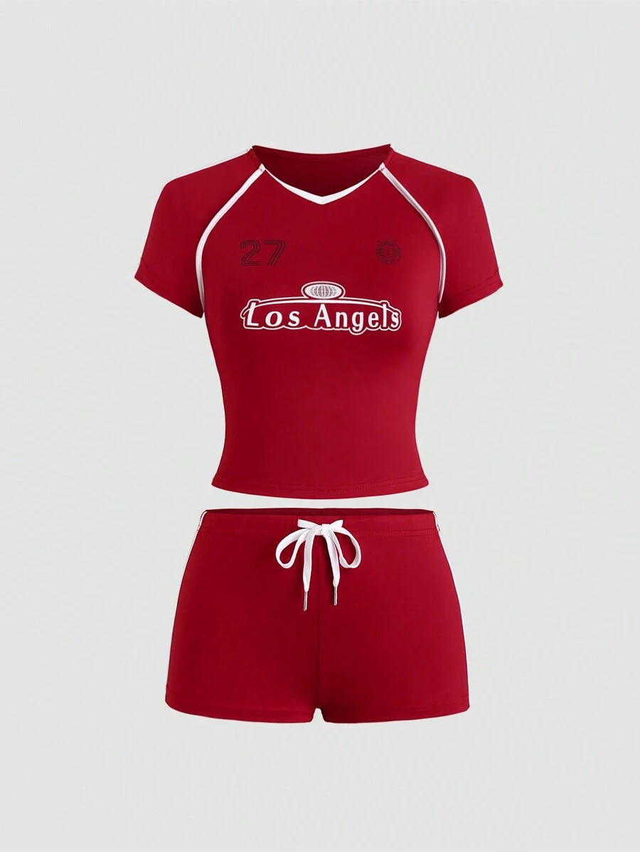 SHEIN Unity Bộ đồ hai mảnh in chữ thường ngày mùa hè và quần short cạp thấp - Đỏ - Xem 1