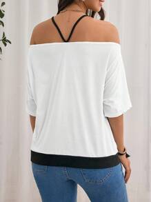 SHEIN Maternity Feather Print Cold Shoulder Tee - Black and White - View 2