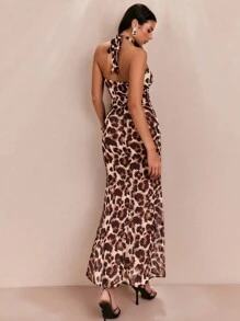 SHEIN BAE Summer Beach Vacation Date Party Sexy Printed Animal Leopard Pattern Halter Neck Bow Tie Backless Women's Tank Top & Maxi Skirt Set For Women