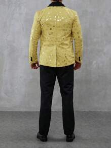 Manfinity AFTRDRK Men's Spring And Autumn Party Style Geometric Printed Contrast Color Shawl Collar Long Sleeve Suit Jacket And Pants Set With Gold Foil Printing