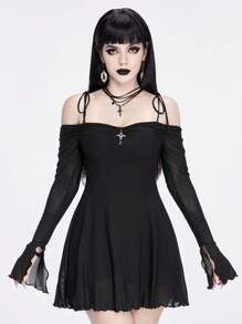 ROMWE Goth 性感露肩十字网眼紧身连衣裙，配有扭结和十字吊坠，适合新年 - 黑色 - 查看 5