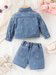 Baby Girls' Medium Washed Blue Daisy Embroidered Denim Jacket And Shorts Set - Medium Wash - View 2