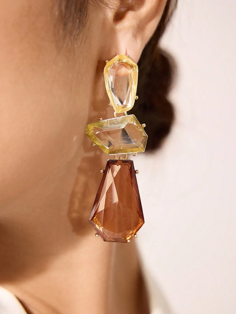 SHEIN SXY Pendientes colgantes de moda simple con diamantes de imitación geométricos - Marrón - Ver 1
