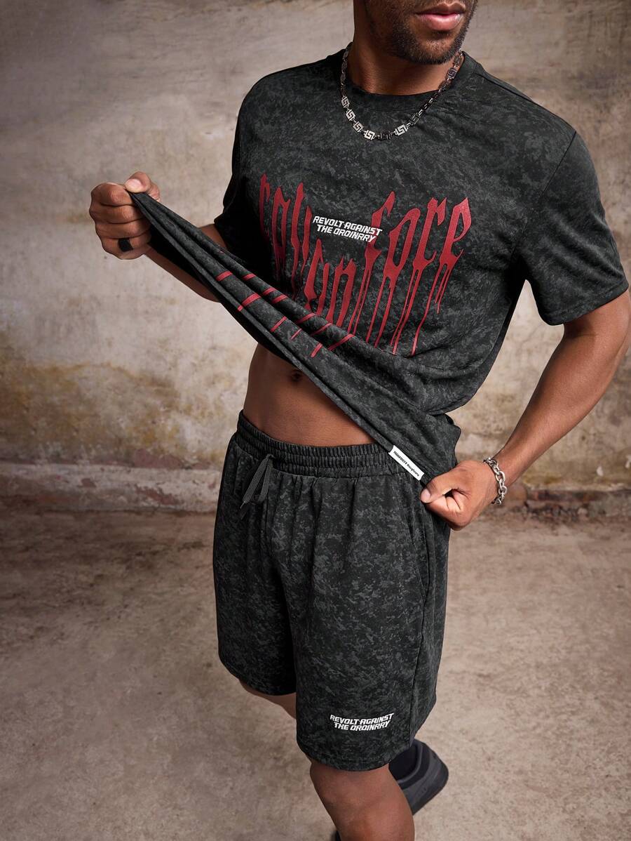 Manfinity Roughcore Men Plus Size Slogan Graphic Men Summer Clothes Tee & Drawstring Waist Shorts - Black - View 1
