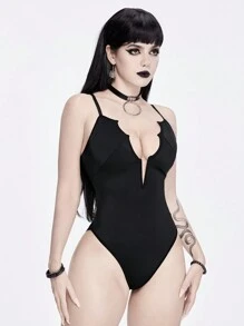 ROMWE Goth Traje de baño de una pieza con diseño de murciélago de estilo gótico para mujeres, ideal para el verano y Halloween