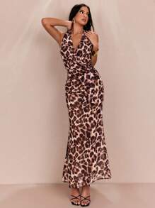 SHEIN BAE Summer Beach Vacation Date Party Sexy Printed Animal Leopard Pattern Halter Neck Bow Tie Backless Women's Tank Top & Maxi Skirt Set For Women