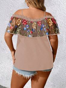 Breezaya Plus Floral Embroidery Cold Shoulder Ruffle Trim Blouse