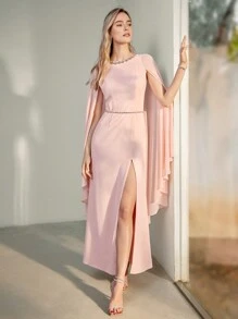 MOTF PREMIUM Vestido con detalles de pedrería, mangas con reloj estilizado y abertura en el muslo - Rosa - Ver 4