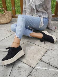 Women's Platform Wedge Shoes, Black Suede Lace-Up Jute Sole, Chic New Casual All-Match Waterproof Thick Bottom Increased Height Shoes, Suitable For Holiday, Daily, Spring Wear