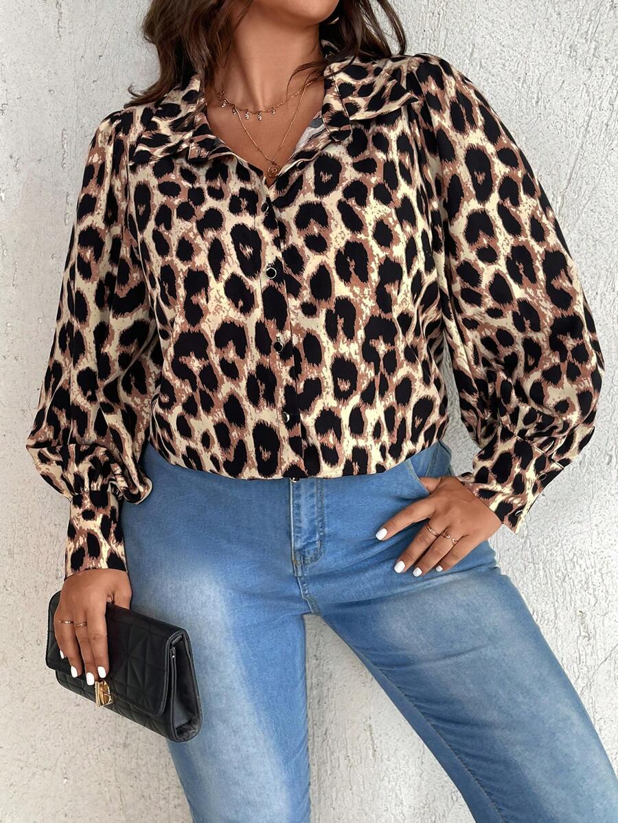 Celure Plus Leopard Print Lantern Sleeve Shirt