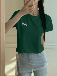 DAZY Áo thun nữ tay ngắn cổ tròn thêu nơ - màu xanh lá - Xem 5