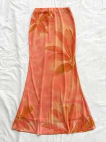 Soleia Women Vacation Orange "Back To School" Vintage Oversized Floral Net Print Long Fitted Mermaid Hem Bodycon Skirt