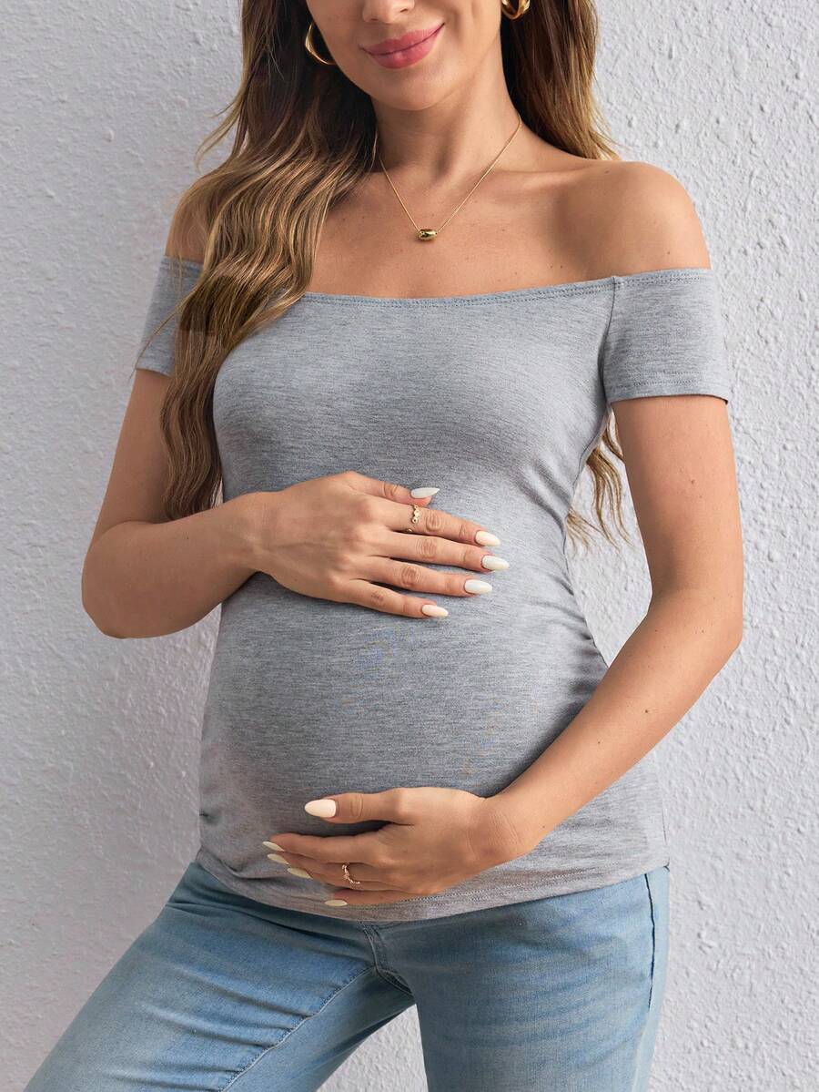 SHEIN 孕婦夏季露肩純色T恤，孕婦裝 - 淺灰色 - 查看 1