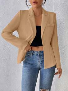 SHEIN PETITE Lapel Neck Open Front Blazer - Khaki - View 3