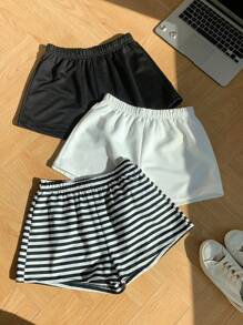 Comfortcana Women's 3pcs/Set Striped Solid Color Combi Shorts Suit, Suitable For Summer Suitable For Going Out Women's Sportswear - Multicolor - View 1