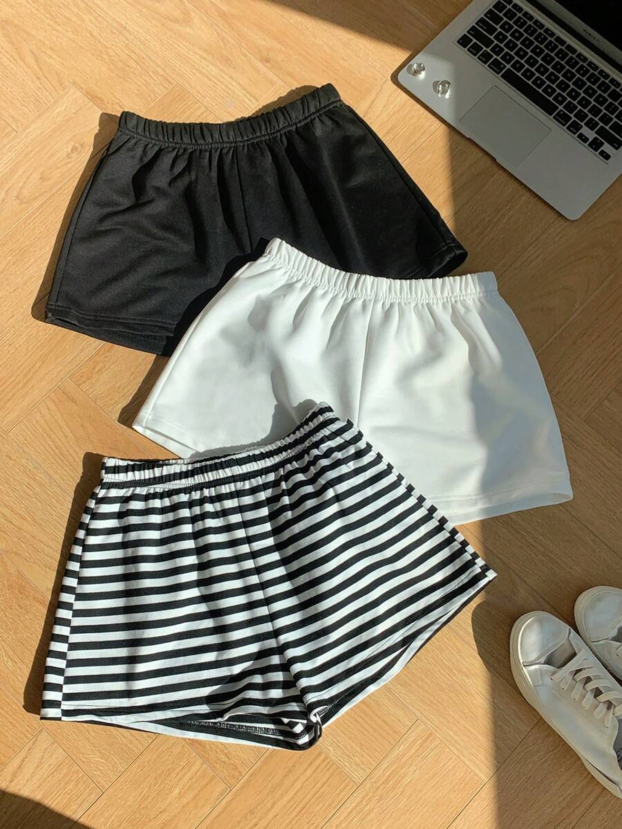 Comfortcana Women's 3pcs/Set Striped Solid Color Combi Shorts Suit, Suitable For Summer Suitable For Going Out Women's Sportswear - Multicolor - View 1