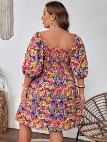 SHEIN VCAY Plus Size Lantern Sleeve Dress With A V-Neckline, Perfect For Vacation