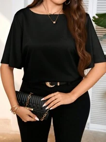 SHEIN Frenchy Plus Solid Boat Neck Tee For Summer - Black - View 4