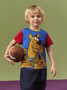 SCOOBY-DOO X SHEIN Young Boy Cartoon Animal Dog Printed Color-Block Round Neck T-Shirt