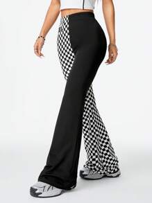 SHEIN EZwear Pantalones anchos de deporte para mujer con estilo callejero fresco, estampado de ajedrez y parches de color