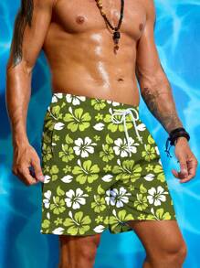 Surfspeed Men's Floral Printed Drawstring Elastic Waist Loose Beach Shorts, Holiday - Olive Green - View 1
