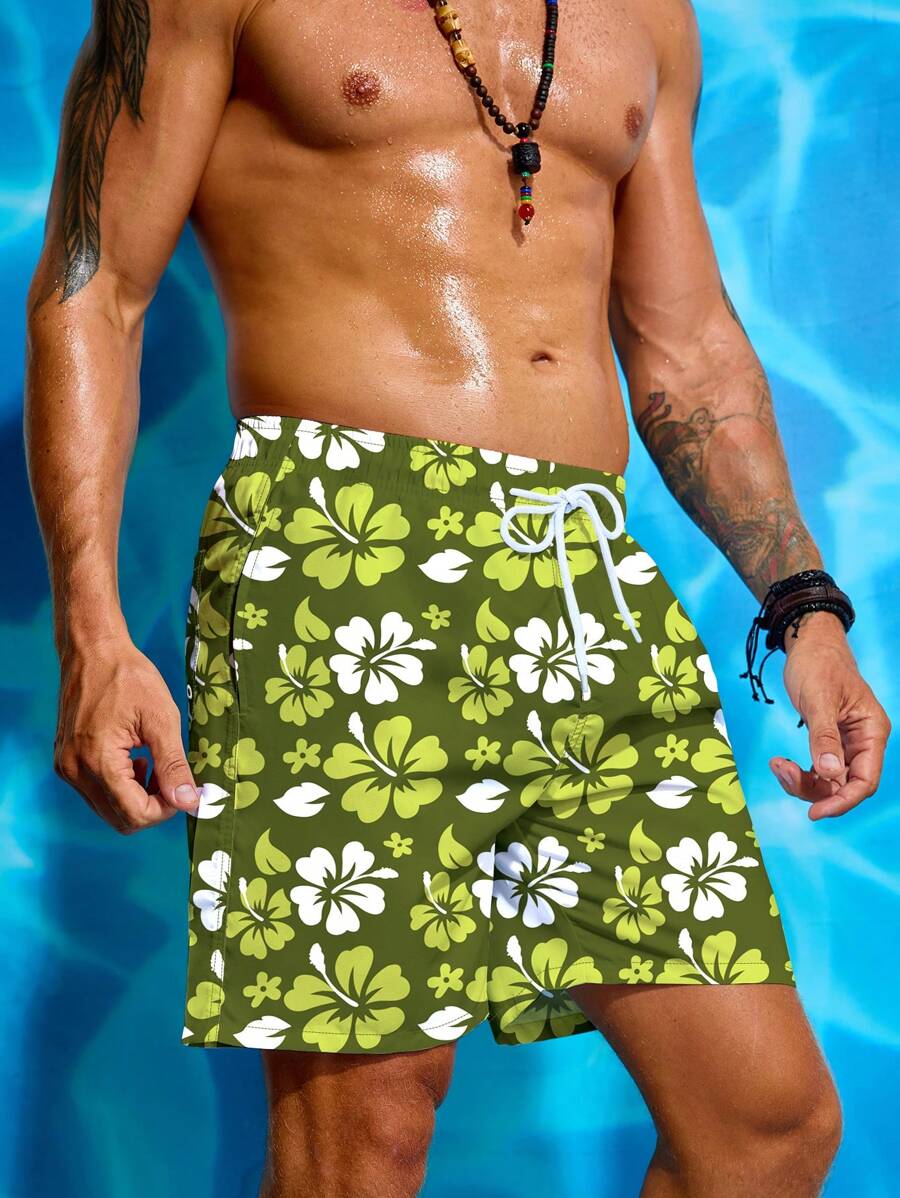 Surfspeed Men's Floral Printed Drawstring Elastic Waist Loose Beach Shorts, Holiday - Olive Green - View 1