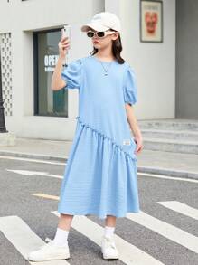 SHEIN Đầm Midi cổ tròn tay bong bóng dễ thương cho bé gái Tween với thiết kế xẻ tà - Màu xanh nhạt - Xem 3