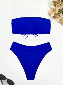 SHEIN Swim 女士純色無肩帶性感比基尼套裝，適用於夏季海灘 - 寶藍色 - 查看 3