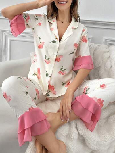 CottageSlumber 女性花卉印花上衣、長褲和睡衣套裝