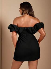 SHEIN BAE Vestido largo de sirena elegante rojo rosa de talla grande para mujer con cuello de globo, hombro descubierto, cintura y hueco para fiesta