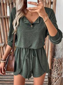 SHEIN LUNE Simple & Casual Pullover Knitted Long Sleeve Jumpsuit With Buttons - Army Green - View 5