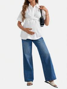 SHEIN Casual Solid Woven Short Sleeve Loose Maternity Shirt With Open Front - White - View 5