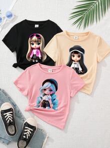SHEIN Young Girl's Casual Cartoon Girly Graphic T-Shirt Multicolor Pack, Printed Short Sleeve & Round Neck, Suitable For Summer And Back To School, Cute Outfits