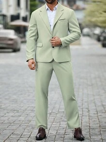 Manfinity Mode Conjunto de traje casual para hombre de talla grande con chaqueta de traje de manga larga con cierre de un solo botón y pantalones de traje con bolsillos en unicolor - Verde - Ver 3